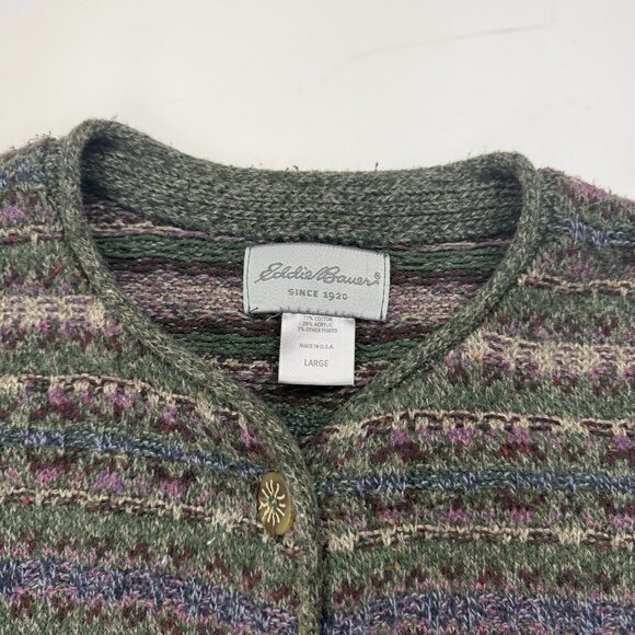 Eddie Bauer Womens L Green Multicolor Fair Isle Long Sleeve Cardigan Sweater - Picture 3 of 5